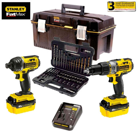Kit Stanley Fat Max perceuse à percussion et visseuse à impacts (2 batteries 4,0 Ah + chargeur + mallette + accessoires)