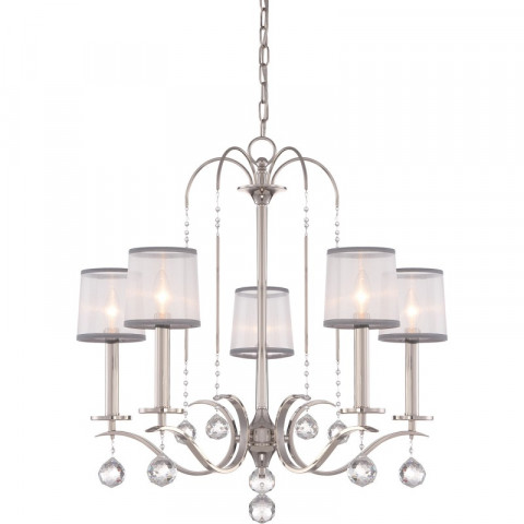 Chandelier whitney, argent impérial, organza blanc et gris, décor cristal