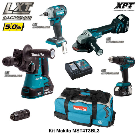 Kit perfo-burineur, visseuse à chocs, meuleuse, perceuse vissseuse à percussion Makita (3x5,0Ah + chargeur + trolley)