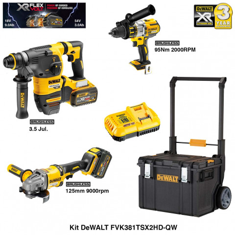 Kit marteau perforateur burineur, perceuse visseuse et meuleuse DeWALT (2x9,0 Ah + chargeur + coffre roulettes)