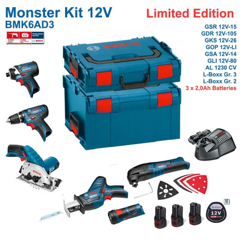Kit Monster 6 outils électroportatifs 12V BMK6AD3 Bosch (3 batteries 2,0Ah + chargeur + 2 coffrets)