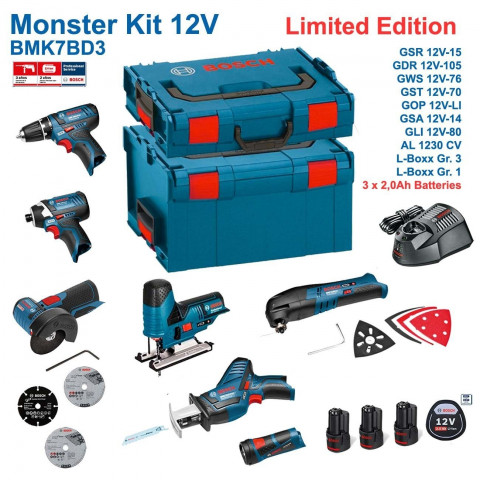 Kit Monster 7 outils électroportatifs 12V BMK7BD3 Bosch (3 batteries 2,0Ah + chargeur + 2 coffrets)