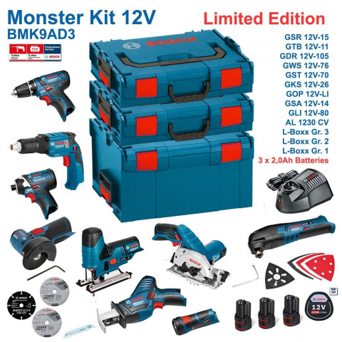 Kit Monster 9 outils électroportatifs 12V BMK9AD3 Bosch (3 batteries 2,0Ah + chargeur + 3 coffrets)