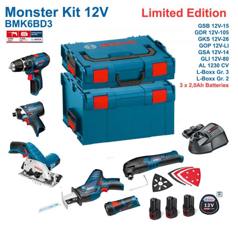 Kit Monster 6 outils électroportatifs 12V BMK6BD3 Bosch (3 batteries 2,0Ah + chargeur + 2 coffrets)