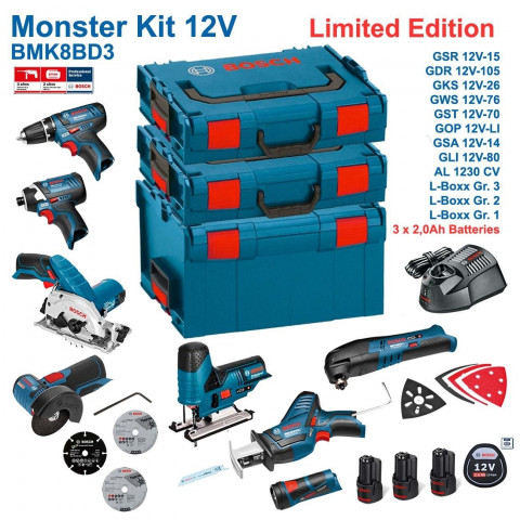 Kit Monster 8 outils électroportatifs 12V BMK8BD3 Bosch (3 batteries 2,0Ah + chargeur + 3 coffrets)
