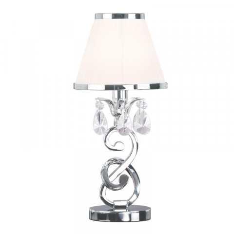 Lampe de table oksana, nickel poli, pampilles cristal, abat-jour blanc