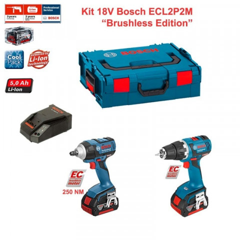 Kit perceuse visseuse et visseuse à chocs sans fils 18 V-EC Bosch (chargeur + 2 batteries 5,0 Ah + boîte à outils)