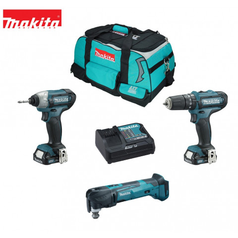 Kit MMT3D2 perceuse à percussion + visseuse chocs + multi-cutter + 2x2,0Ah + DC10SA + sac outils Makita