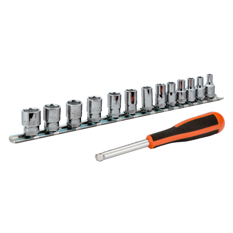 Jeu de douilles 1/4 6 pans sur support rail et rallonge avec manche, 13 pièces 6729sm bahco