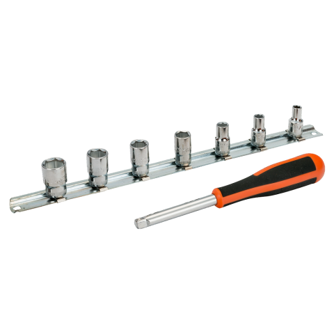 Jeu de douilles 1/4 6 pans en pouces sur support rail et rallonge avec manche, 7 pièces 6729sz bahco