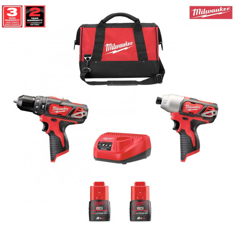 Kit MWK122BD2 perceuse à percussion + visseuse à chocs + 2x2,0Ah + C12C + sac à outils M Milwaukee