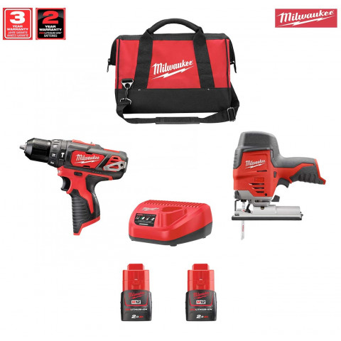 Kit 12V MWK122ED2 perceuse à percussion et scie sauteuse + 2x2,0Ah + C12C + sac outils M Milwaukee