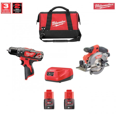 Kit 12V MWK122DD2 perceuse percussion + scie circulaire + 2x2,0Ah + chargeur + sac outils M Milwaukee
