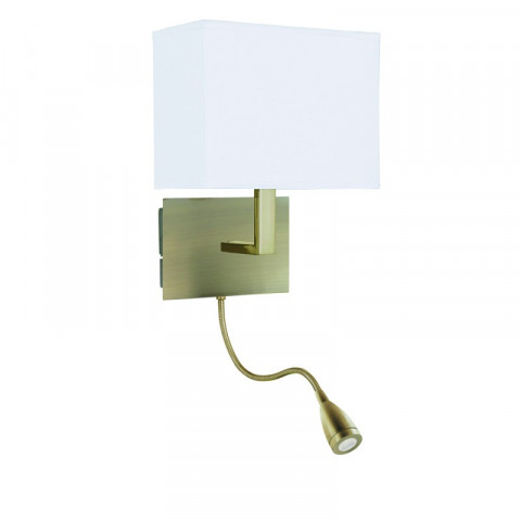 Applique adjustable wall 26 cm avec liseuse, en laiton antique avec abat-jour blanc