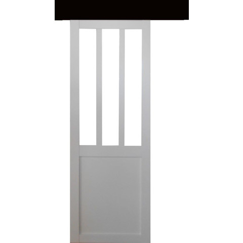 Porte coulissante atelier blanc h204 x l93 + rail alu bandeau noir et 2 coquilles gd menuiseries