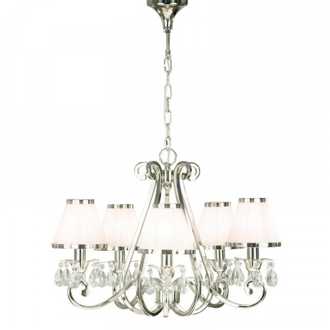 Chandelier oksana, nickel poli, pampilles cristal, 5 abat-jours blancs