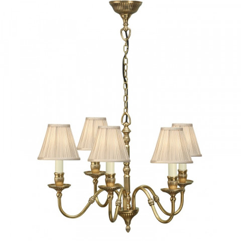 Suspension fitzroy, laiton, bougies couleur ivoire, 5 abat-jours beiges