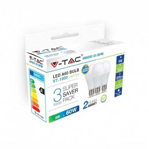 Kit super saver pack v-tac 3pcs/pack ampoule led smd a60 9w e27 vt-1900 - sku 7240 blanc chaud 2700k