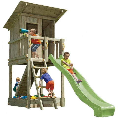 Aire de jeux en bois beach hut avec rampe d'escalade
