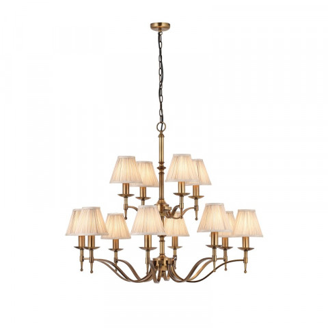 Suspension 12 ampoules stanford, laiton antique, abat-jour beiges