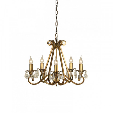 Chandelier oksana, laiton antique, pendeloques cristal, 5 éclairages
