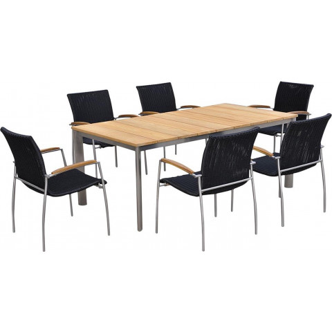 Salon de jardin table et 6 fauteuils acier brossé et teck melbourne