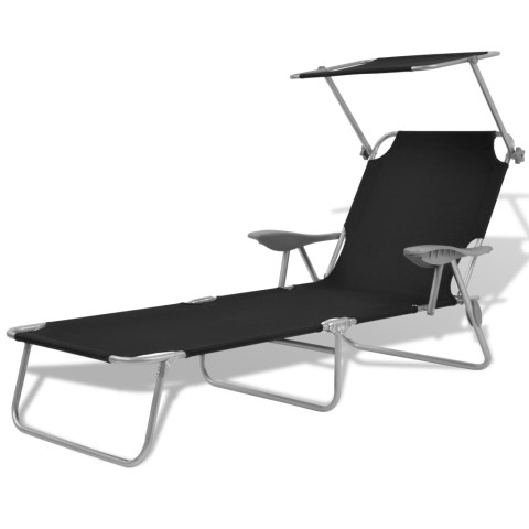 Transat chaise longue bain de soleil lit de jardin terrasse meuble d'extérieur 189 cm avec auvent acier noir helloshop26 02_0012267