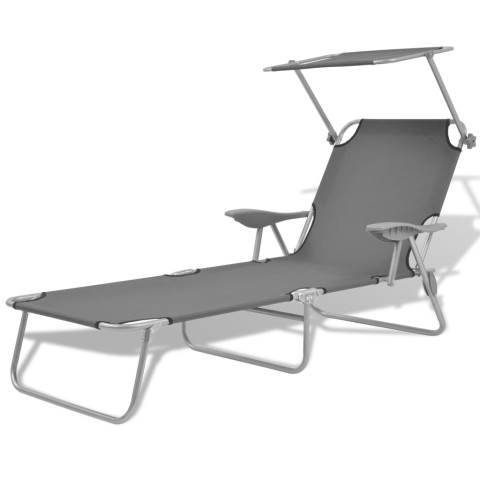 Helloshop26 - Transat chaise longue bain de soleil lit de jardin terrasse  meuble d'extérieur avec auvent acier gris 02_0012265 - Distriartisan