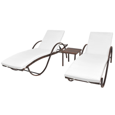 Lot de 2 transats chaise longue bain de soleil lit de jardin terrasse meuble d'extérieur avec table résine tressée marron helloshop26 02_0012128