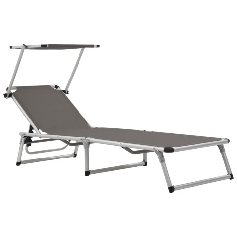 Transat chaise longue bain de soleil lit de jardin terrasse meuble d'extérieur pliable avec auvent aluminium et textilène gris helloshop26 02_0012817