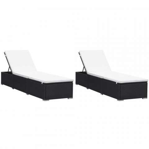 Chaises longues avec coussins 2 pcs résine tressée noir