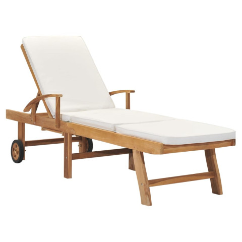 Transat chaise longue bain de soleil lit de jardin terrasse meuble d'extérieur 195 cm avec coussin bois de teck solide crème helloshop26 02_0012429