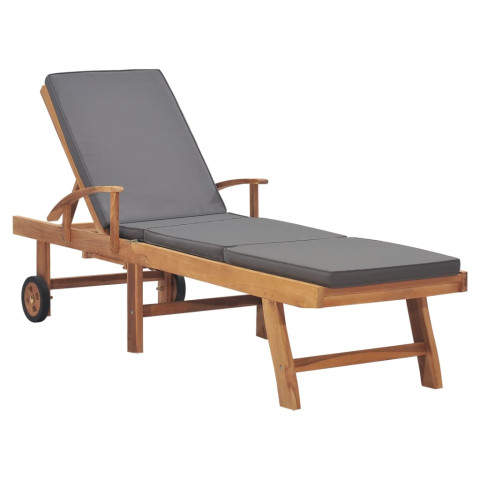 Transat chaise longue bain de soleil lit de jardin terrasse meuble d'extérieur avec coussin bois de teck solide gris foncé helloshop26 02_0012430