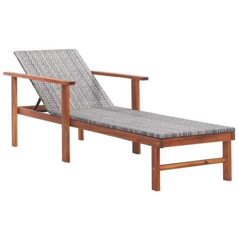 Transat chaise longue bain de soleil lit de jardin terrasse meuble d'extérieur résine tressée et bois d'acacia massif gris helloshop26 02_0012918