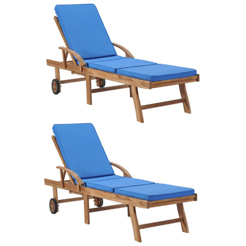 Lot de 2 transats chaise longue bain de soleil lit de jardin terrasse meuble d'extérieur avec coussins bois de teck solide bleu helloshop26 02_0012153