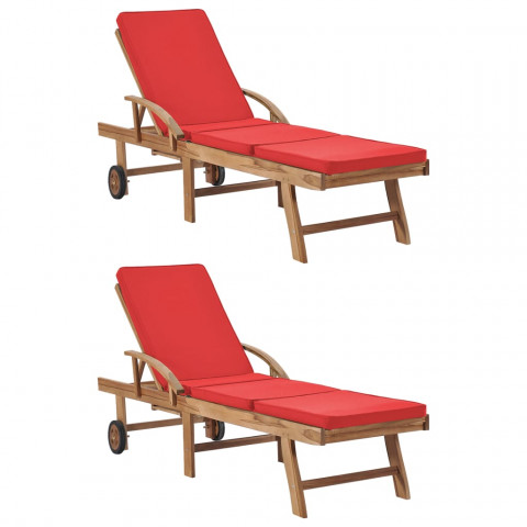 Chaises longues avec coussins 2 pcs bois de teck solide rouge