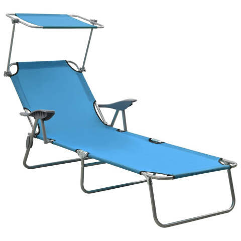 Transat chaise longue bain de soleil lit de jardin terrasse meuble d'extérieur 188 cm avec auvent acier bleu helloshop26 02_0012264