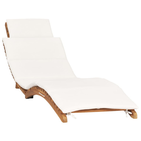 Transat chaise longue bain de soleil lit de jardin terrasse meuble d'extérieur pliable avec coussin blanc crème bois de teck helloshop26 02_0012835