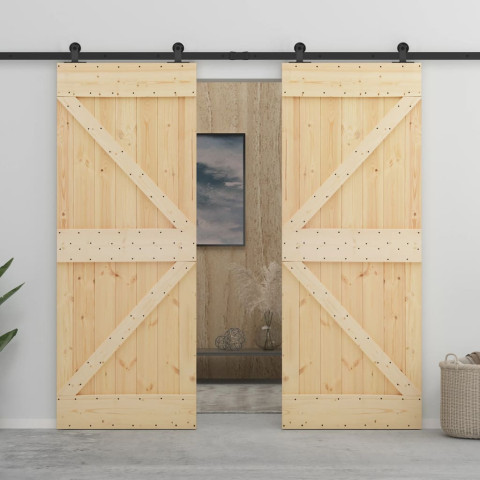 Porte coulissante avec kit de quincaillerie 90x210cm pin massif