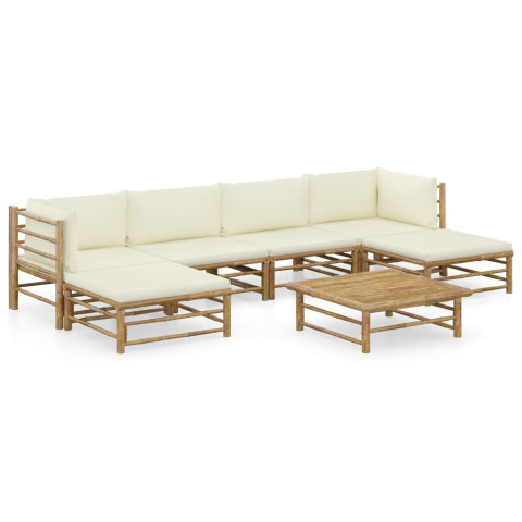 Salon de jardin 7 pcs avec coussins blanc crème bambou