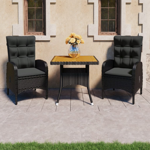 Ensemble à dîner de jardin 3 pcs résine tressée et acacia noir