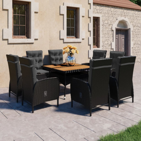 Ensemble à dîner de jardin 9 pcs résine tressée et acacia noir