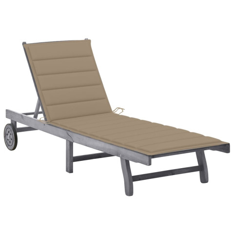 Transat chaise longue bain de soleil lit de jardin terrasse meuble d'extérieur 200 cm avec coussin gris bois d'acacia solide helloshop26 02_0012483