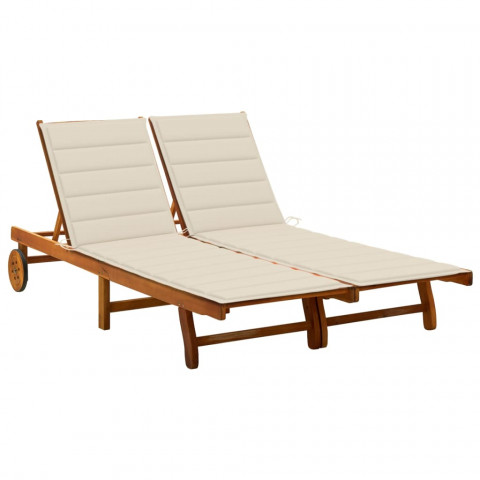 Chaise longue de jardin 2 places avec coussins acacia solide