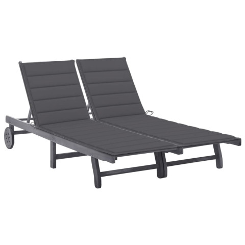 Transat chaise longue bain de soleil lit de jardin terrasse meuble d'extérieur 2 places avec coussin gris acacia helloshop26 02_0012226