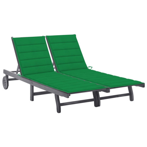 Transat chaise longue bain de soleil lit de jardin terrasse meuble d'extérieur 2 places avec coussin gris acacia helloshop26 02_0012227