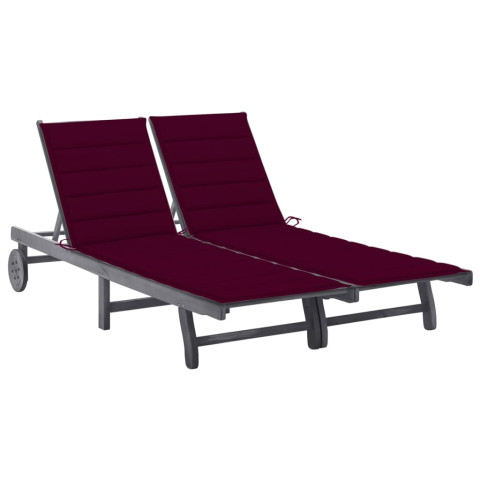 Transat chaise longue bain de soleil lit de jardin terrasse meuble d'extérieur 2 places avec coussin gris acacia helloshop26 02_0012231