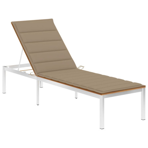 Transat chaise longue bain de soleil lit de jardin terrasse meuble d'extérieur avec coussin bois d'acacia et acier inoxydable helloshop26 02_0012324