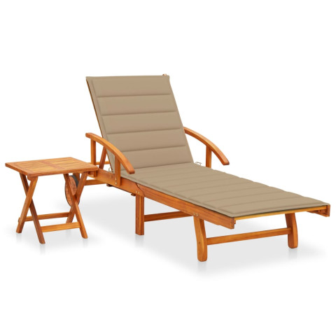Transat chaise longue bain de soleil lit de jardin terrasse meuble d'extérieur avec table et coussin bois d'acacia helloshop26 02_0012618