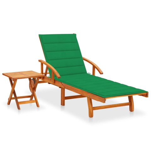 Transat chaise longue bain de soleil lit de jardin terrasse meuble d'extérieur avec table et coussin bois d'acacia helloshop26 02_0012621